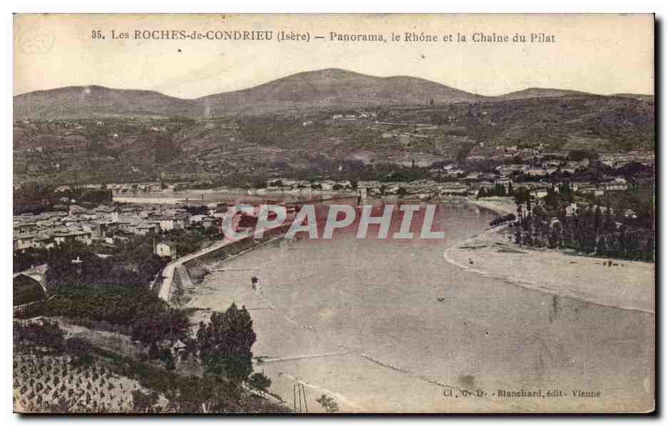 Die ROCHES-de-CONDRIEU (Isère) — Panorama, der Rhône und die Chaîne du Pilat — Cl. Gr. D. Blanchard, Verlag Vienne