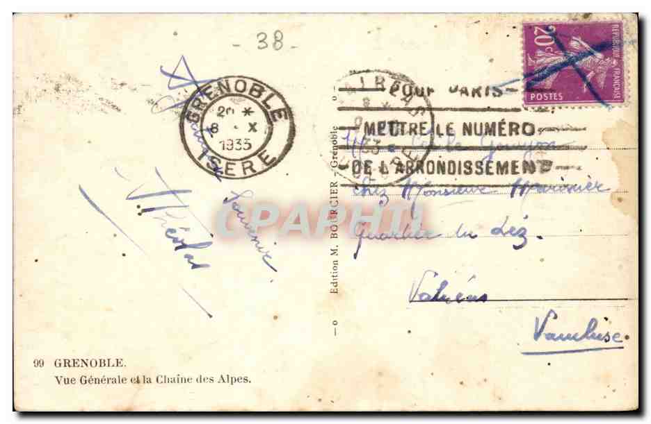 Grenoble — Vue Générale et la Chaîne des Alpes — Édition M. BOLCIER — Verso