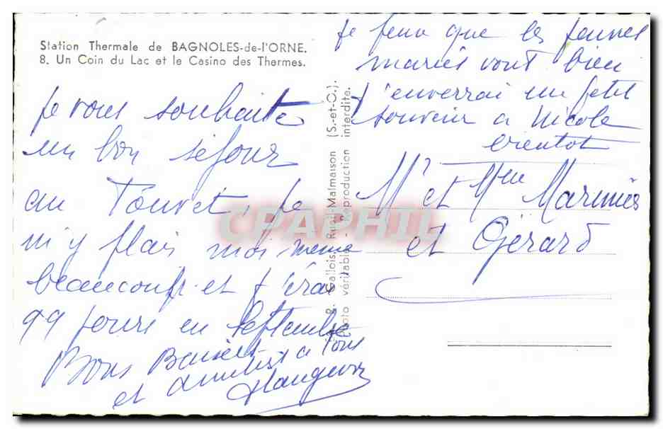 Estación Termal de BAGNOLES-de-l'ORNE — Un Rincón del Lago y el Casino de los Baños — editor Malmaison (S.-et-C.) — Reverso