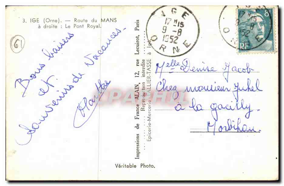Ige CPA Route du Mans a droite le pont Royal — Rückseite
