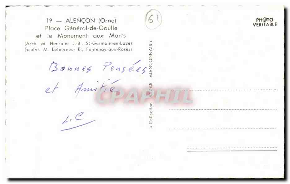 Alencon CPM Place General de Gaulle et le monument aux morts — Rückseite
