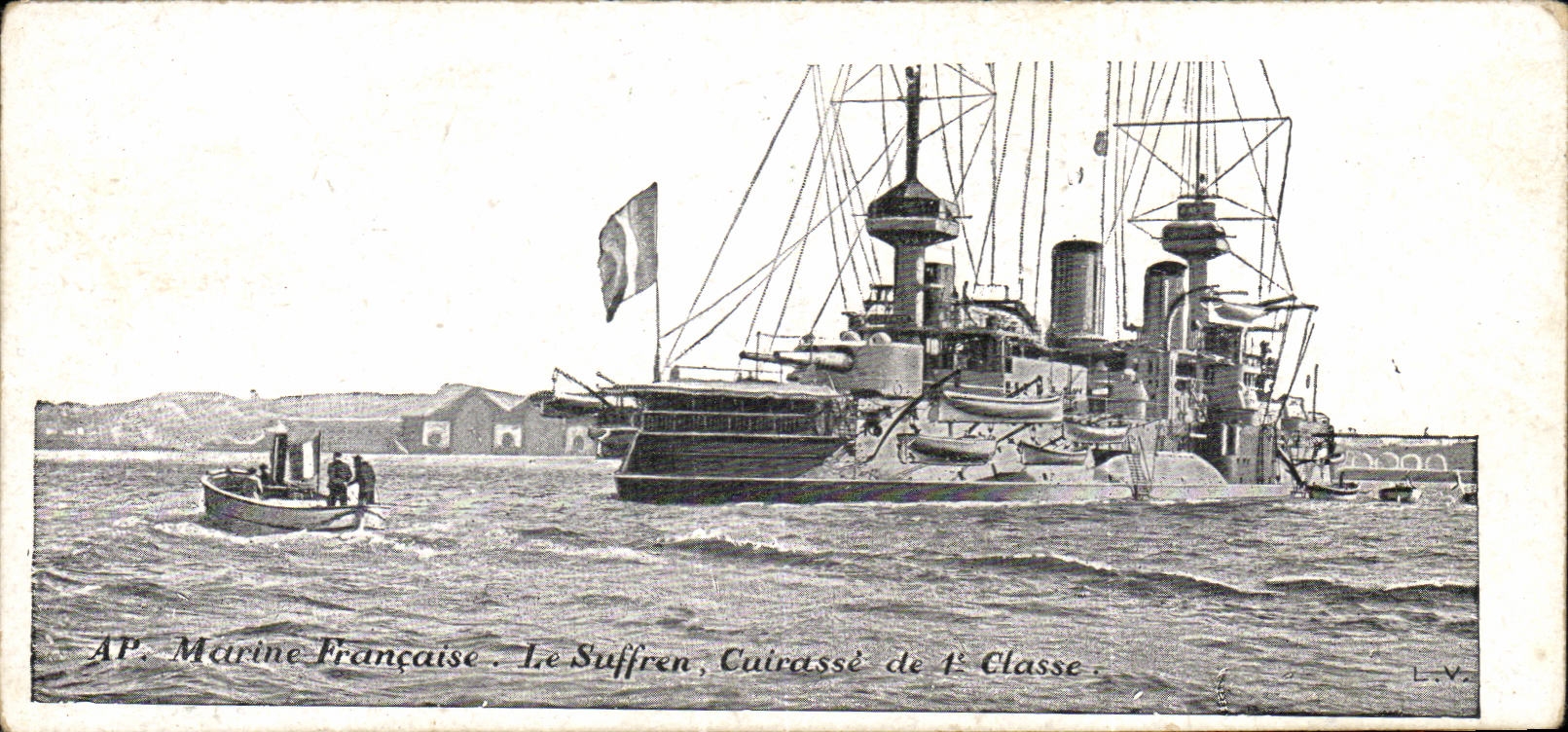 CPA Marine Francaise Le Suffren Cuirasse de 1ere classe (bateau boat ship guerre)