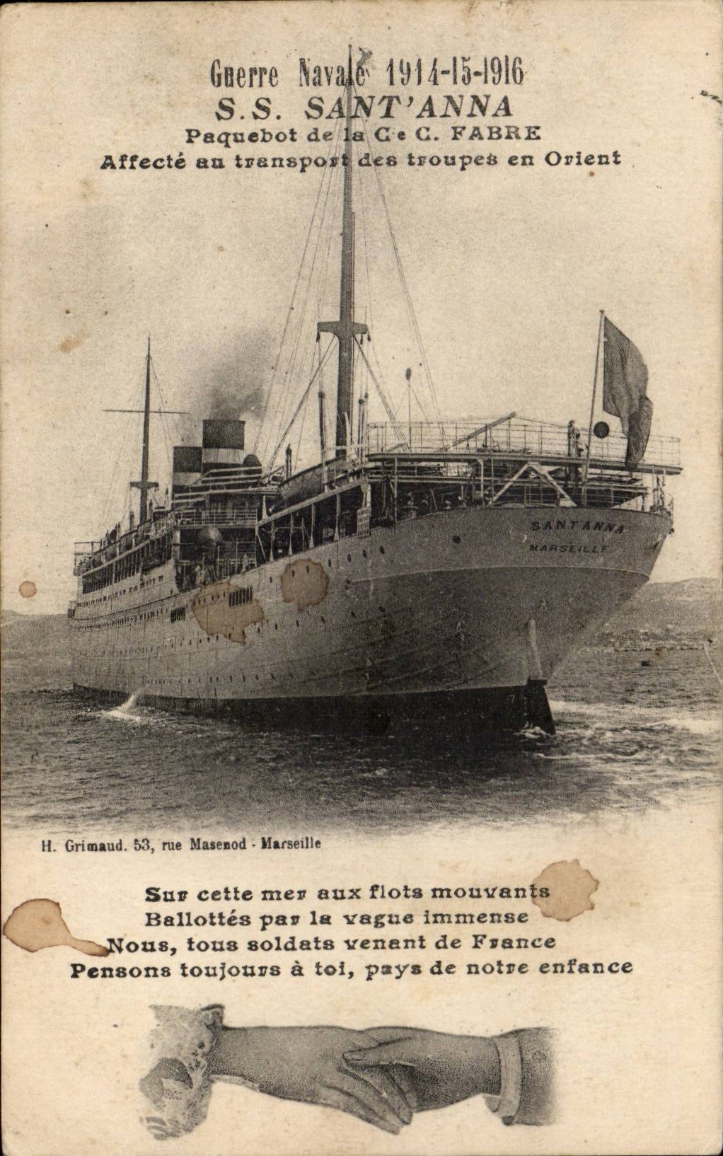 CPA Guerre navale 1914 1915 1916 SS Sant Anna Paquebot de la Cie Fabre Affecte au transport (bateau boat ship guerre)