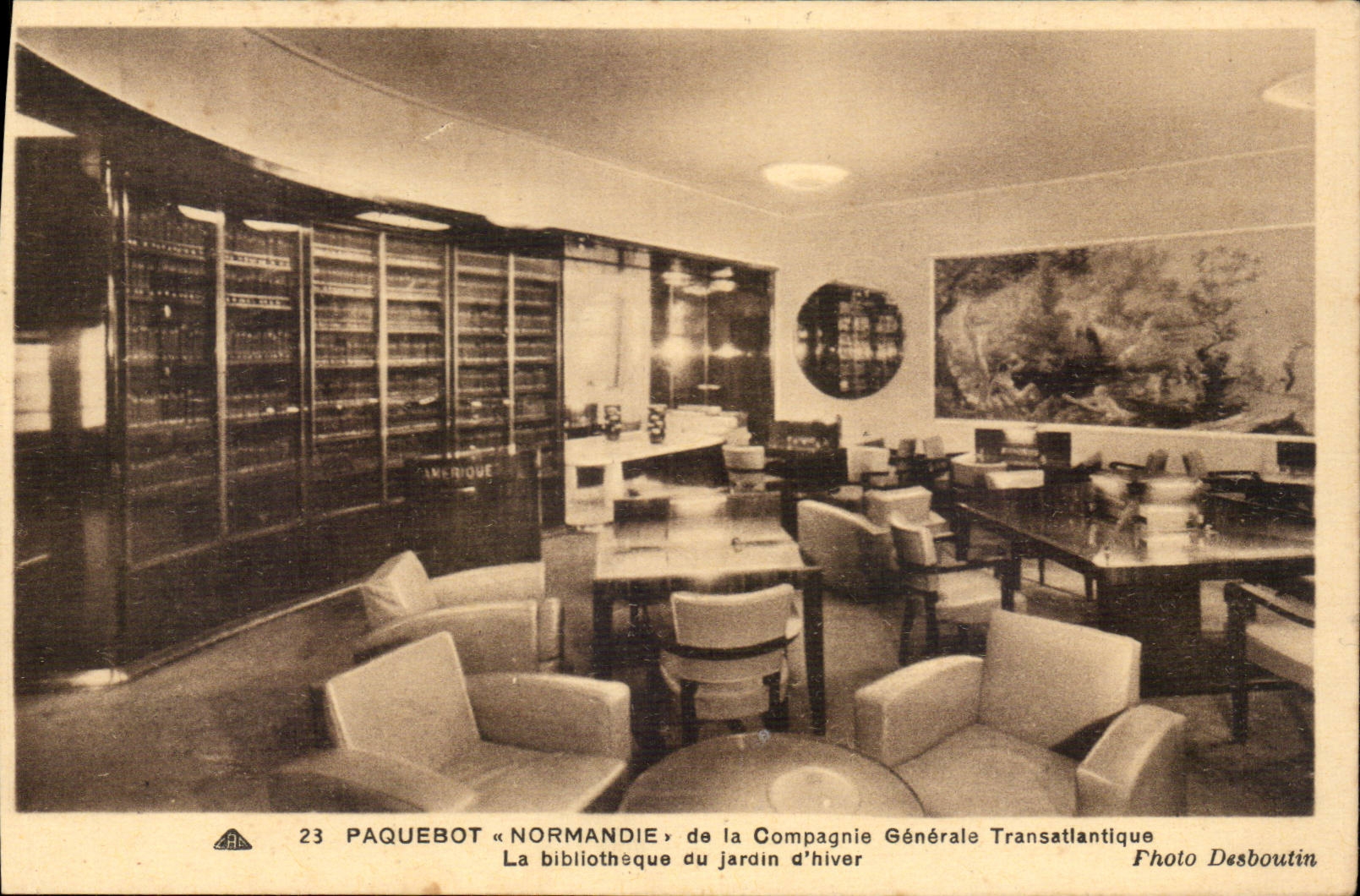 CPA Paquebot Normandie de la Compagnie Generale Transatlantique La bibliotheque du jardin d'hiver (paquebot library)