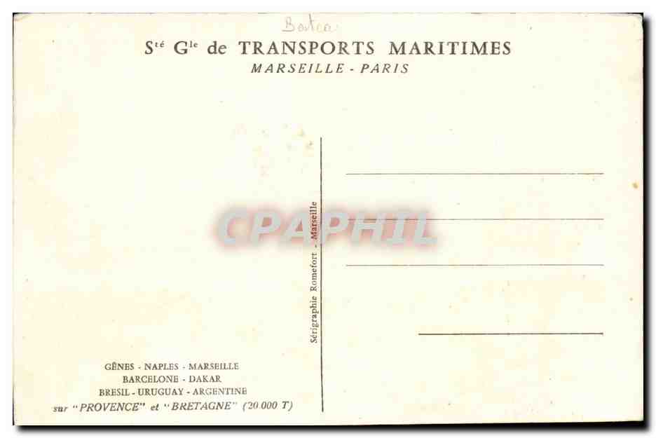 Côte d'Azur — Croisière sur le paquebot Provence — Sérigraphie de la S. G. de Transports Maritimes — Verso