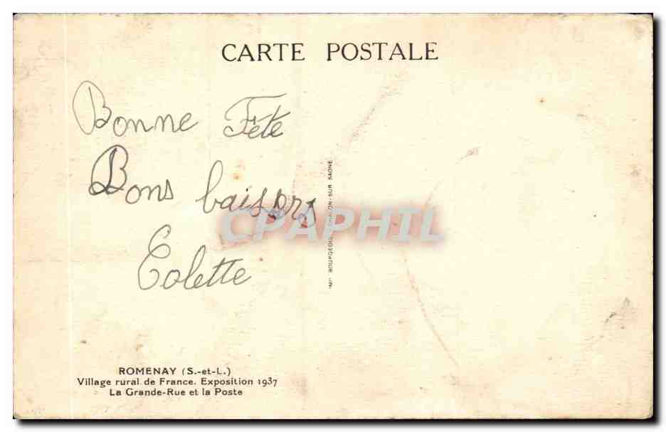 Romenay - Village Rural de France - Exposition de 1937 - La Grande Rue et la Poste - CPA  — Verso