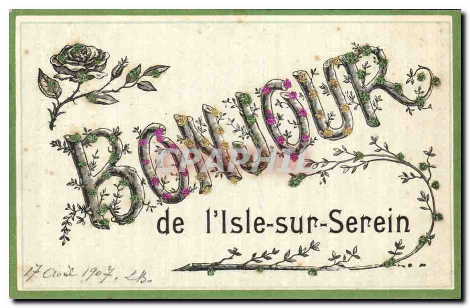 BONJOUR de l'Isle-sur-Serein — carte postale décorative avec rose — éditeur inconnu