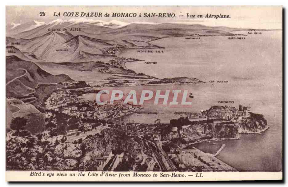 La Cote d'Azur de Monaco a San Remo - Vue en Aeroplane - CPA 