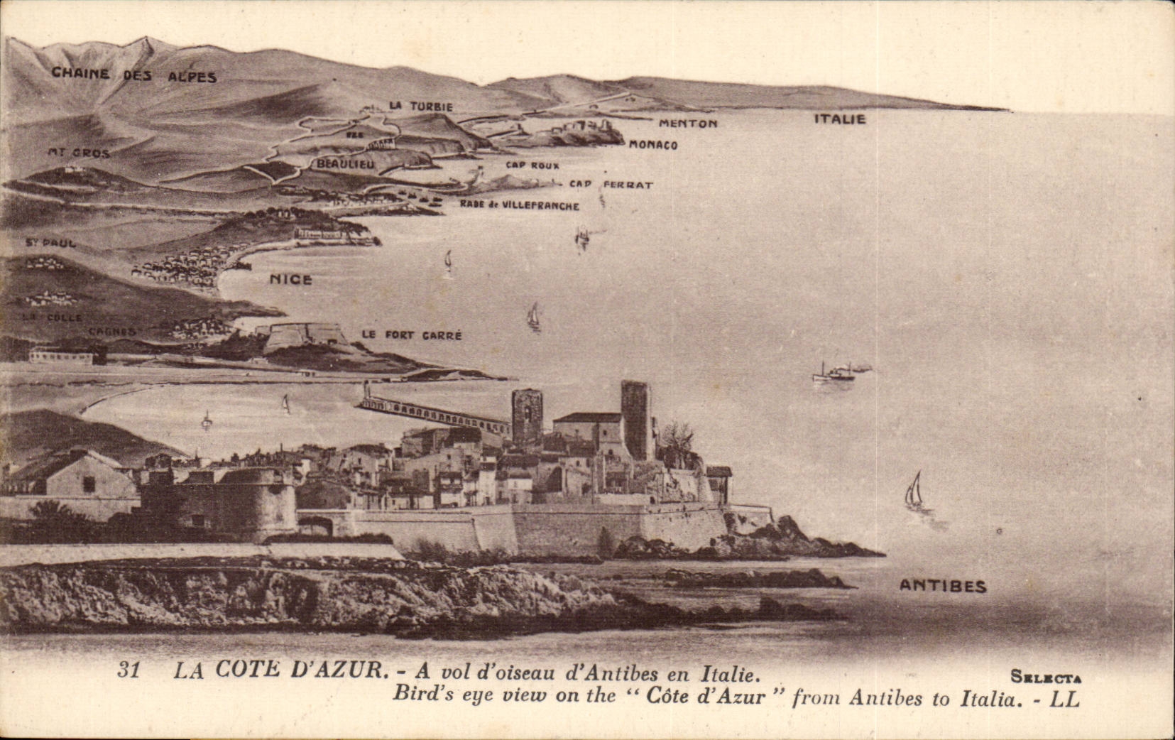 La Cote d'Azur - a vol d'Oiseau d'Antibes en italie CPA 