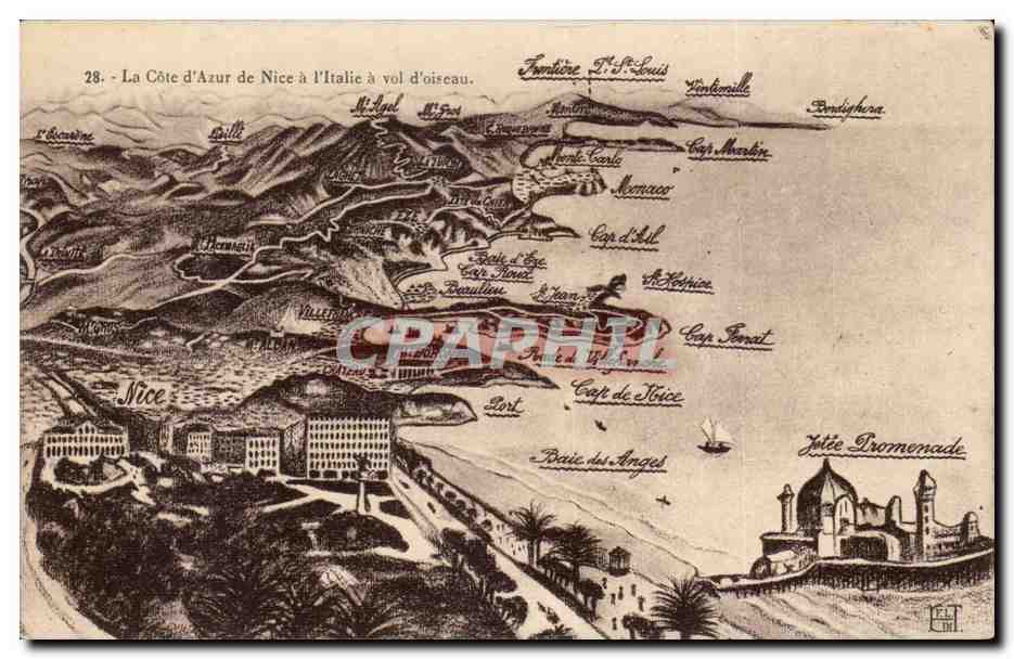 La Cote d'Azur de Nice a l'Italie - a vol d'Oiseau CPA 