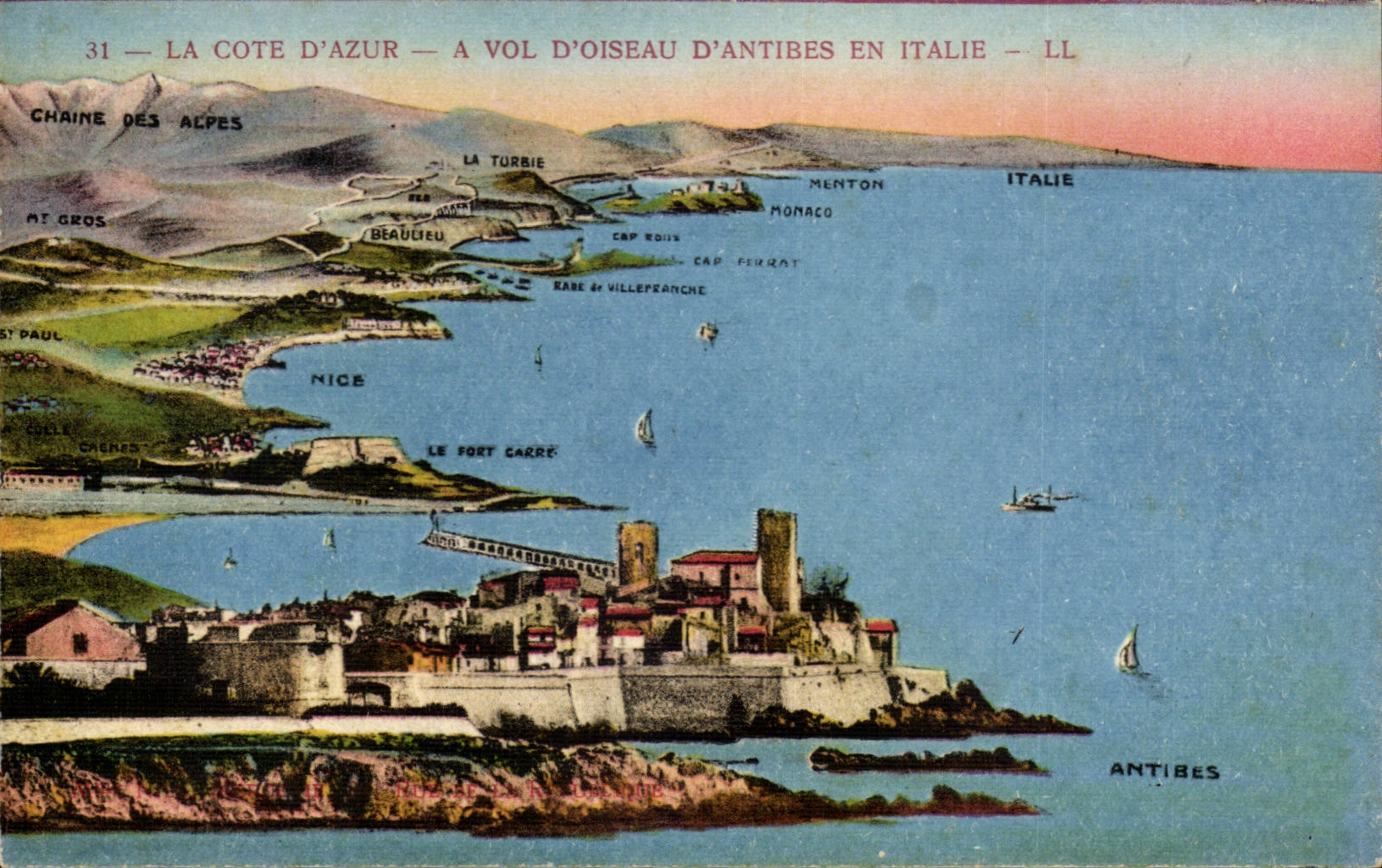 La Cote d'Azur - a vol d'Oiseau d'Antibes en Italie CPA 