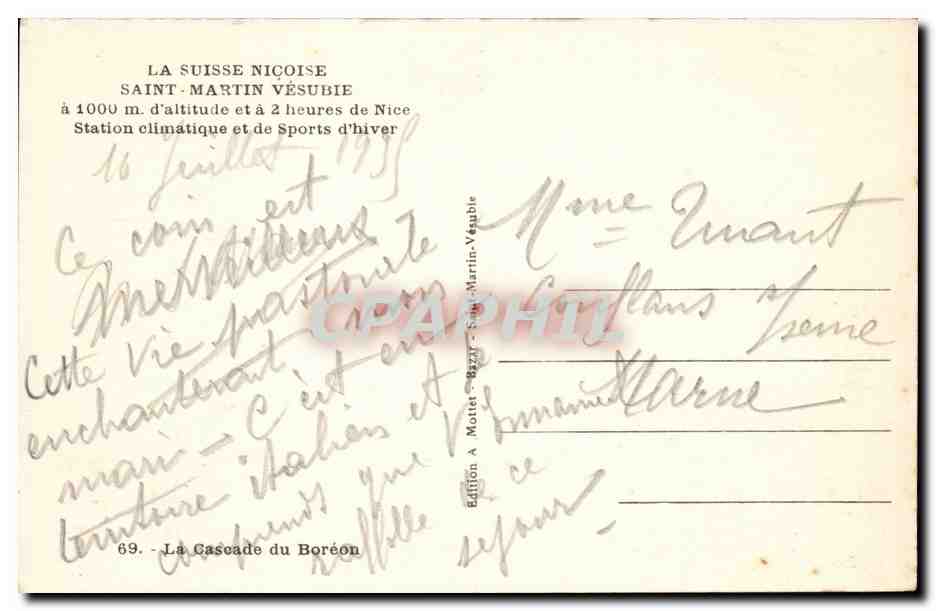 La Cascade du Boréon — Saint-Martin-Vésubie — Édition A. Mattet — Rückseite