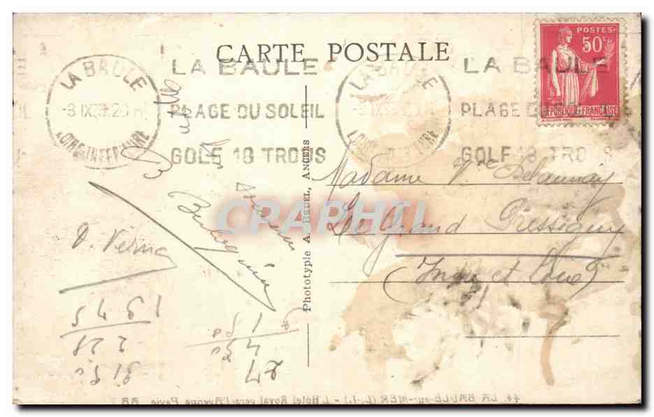 La Baule sur Mer CPA l'hotel Royal vers l'avenue Pavie — Rückseite
