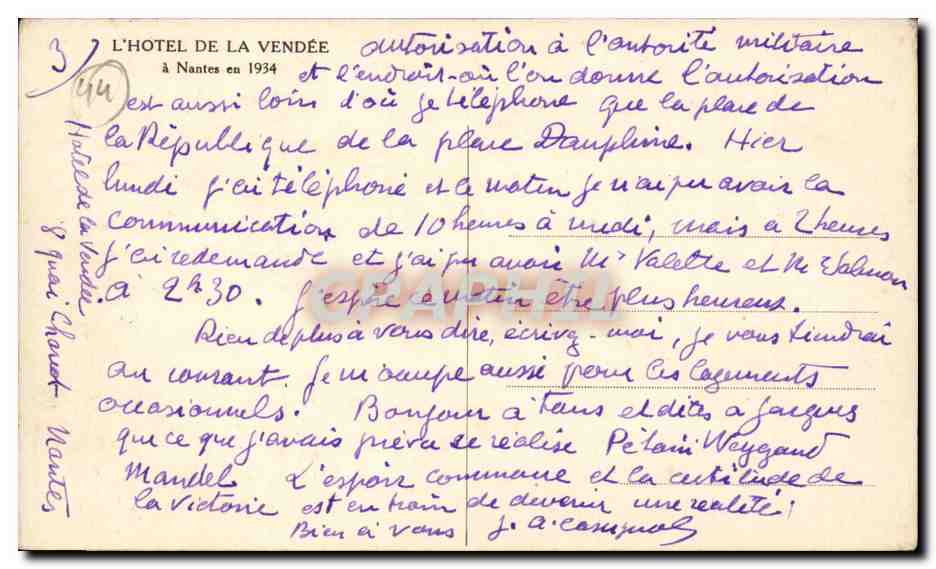 CPA l'hotel de la VEndee en 1934 — Verso