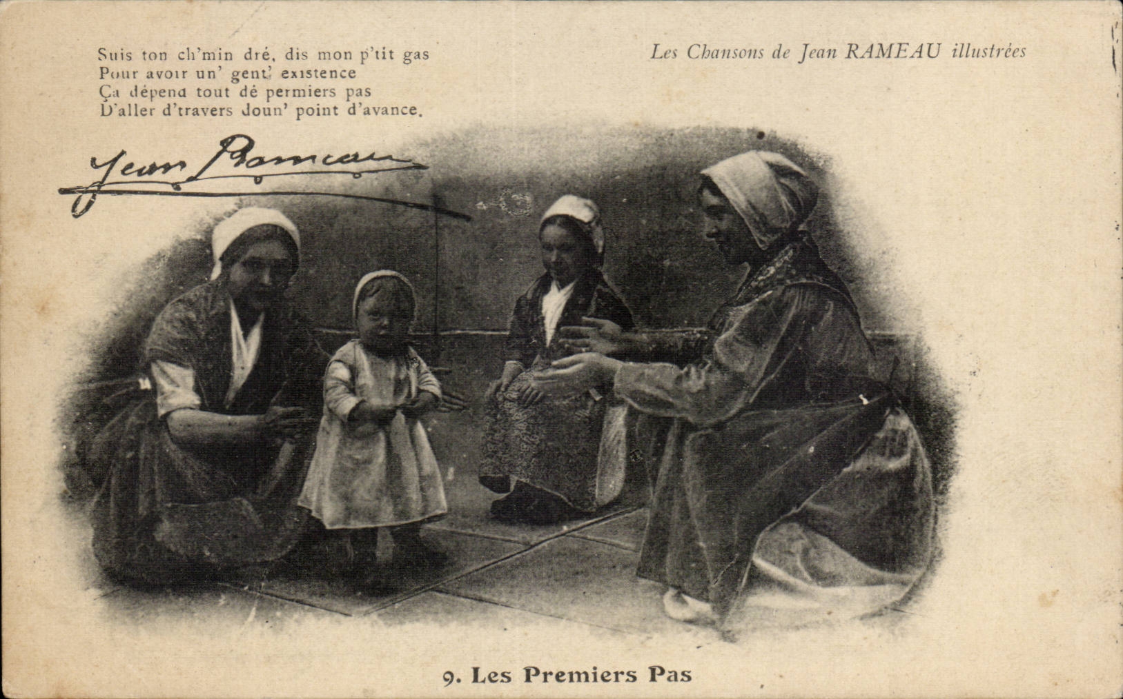 CPA Les chansons de Jean Rameau illustrees Les premiers pas (folklore coiffe costume enfant)