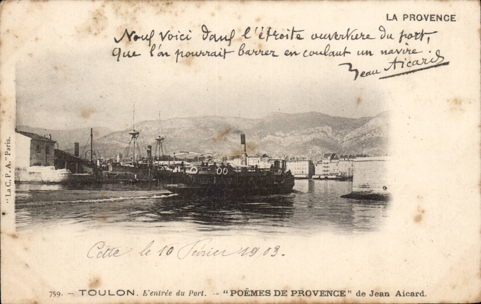 Toulon. L'entrée du Port — POÈMES DE PROVENCE de Jean Aicard — La C.P.A. Paris, n° 759