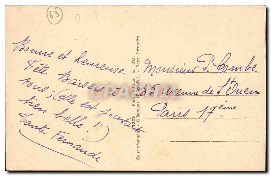 CPA L'Auvergne Non no toinette (folklore coiffe costume) — Verso