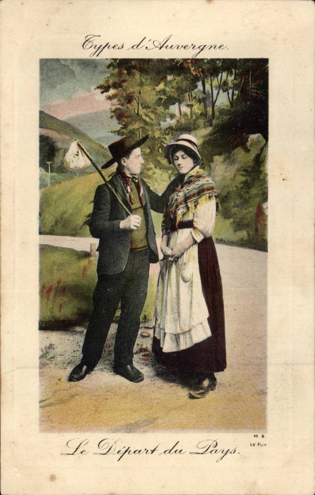 CPA Types d'Auvergne le depart du pays (folklore coiffe costume)
