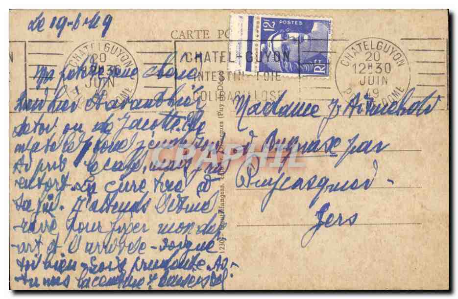 CPA Auvergne (folklore coiffe costume) — Verso