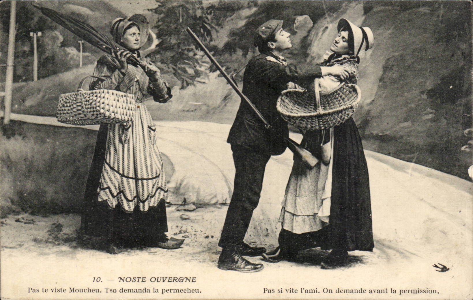 Nostre Ouvergne CPA Pas si vite l'ami On demande avant la permission (folklore costume chasseur)