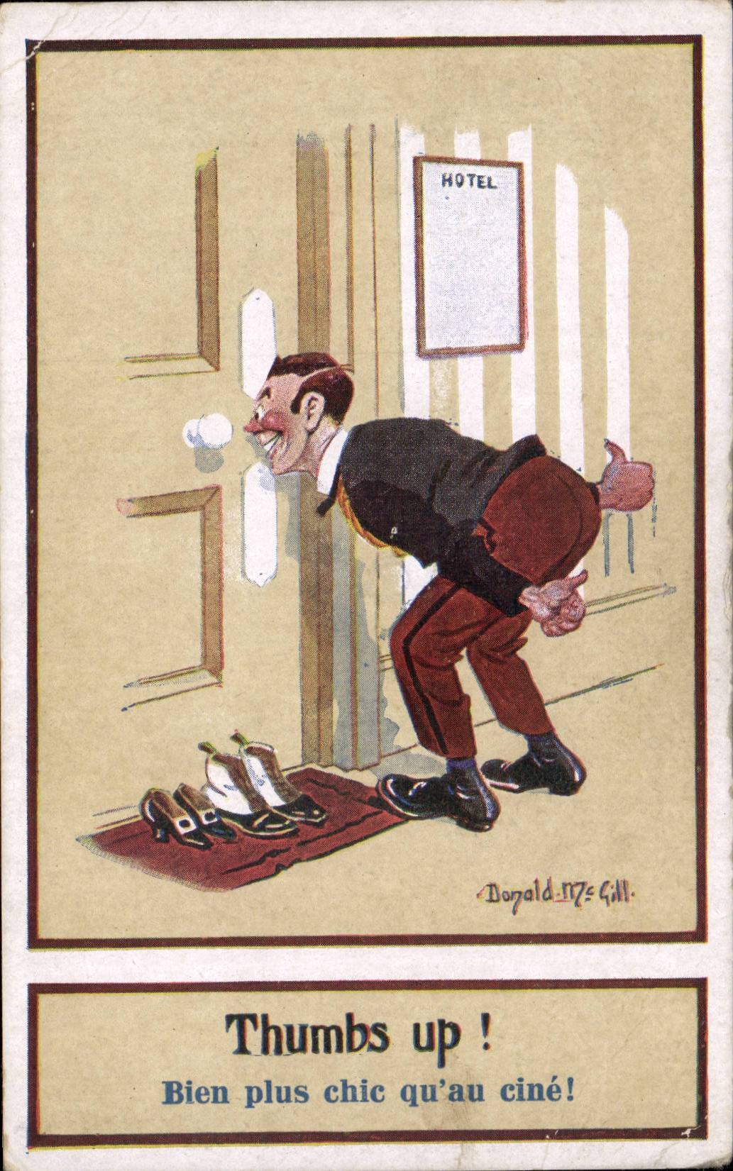 Homme au doigt d'honneur devant une porte d'hôtel — Donald Gill — Série COMIQUE, n° 1477