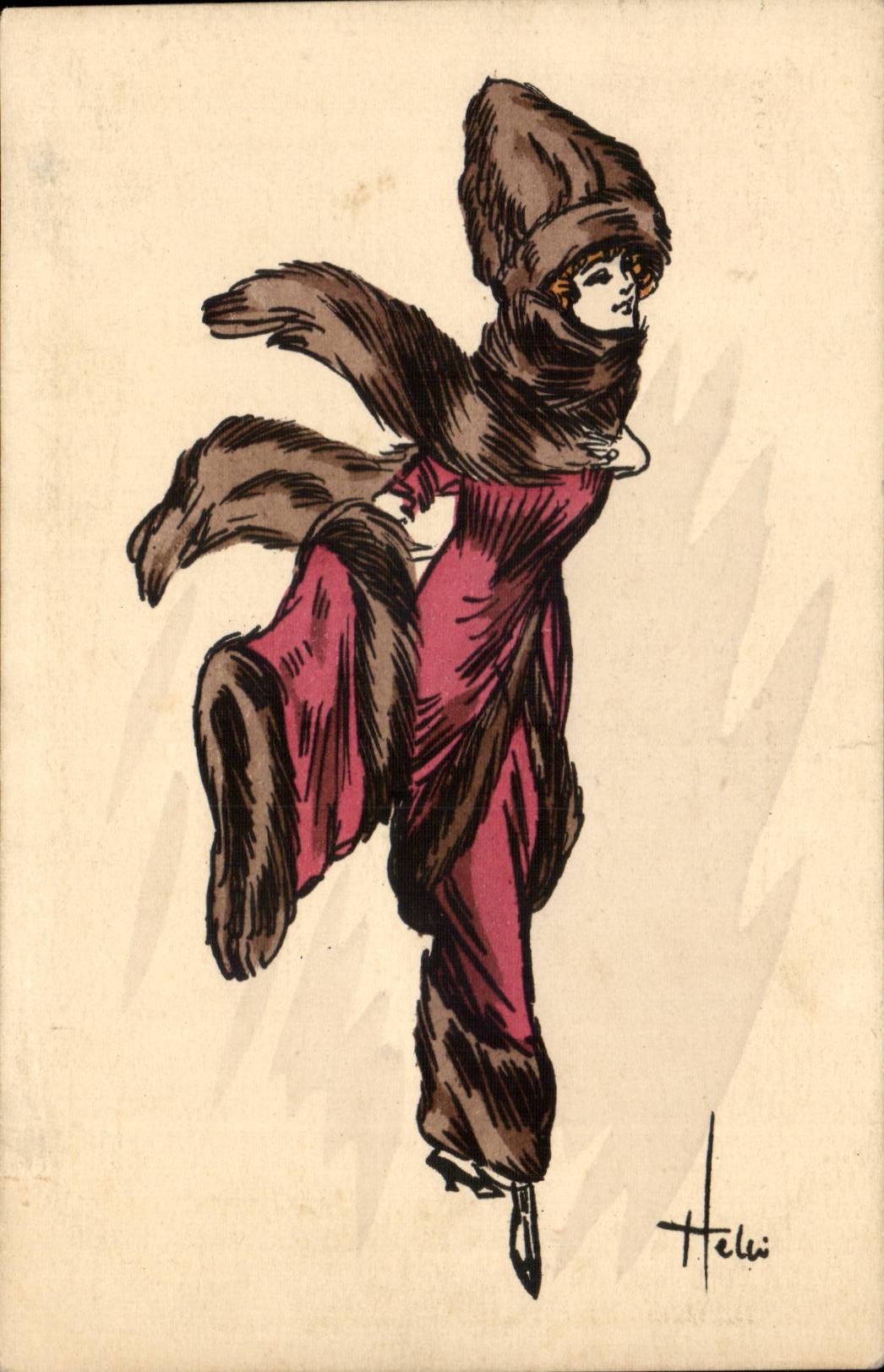 Femme en robe rose et fourrure — illustration signée Heli — Paris, série 153