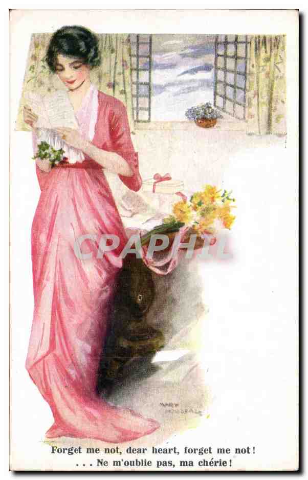 Femme en robe rose — 'Forget me not, dear heart' — Inter-Art Co. No. 1090