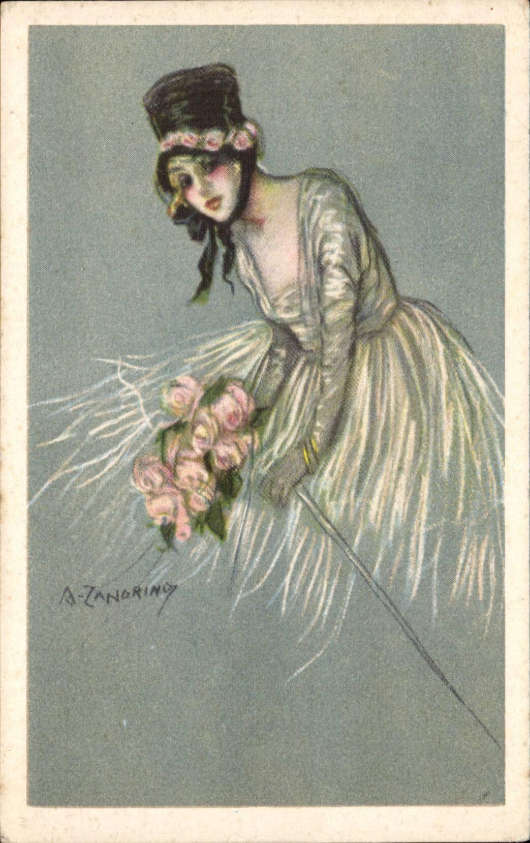 Femme en robe à volants et chapeau fleuri — A. Zangoring — Produzione Italiana