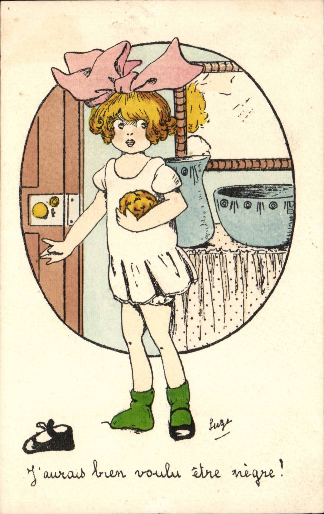 Fille blonde avec un grand nœud rose — texte humoristique — Luze, Série n°43