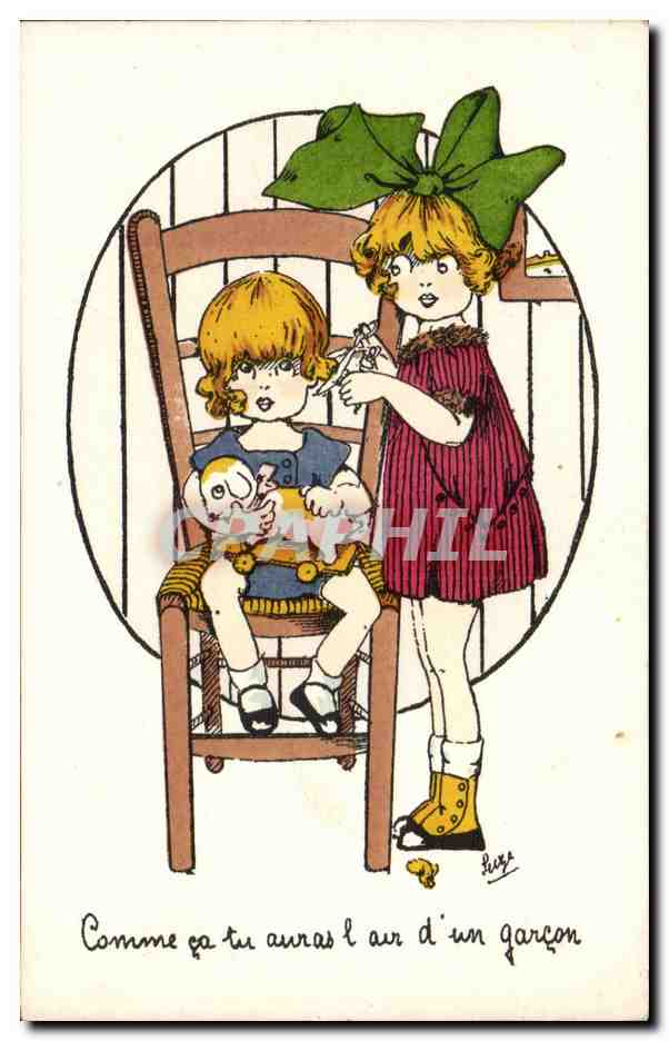 Deux enfants — une fille coiffée d'un grand nœud vert coupe les cheveux d'un petit garçon assis — Cathélaïn et Bantrun Édit., Paris, Série n° 43