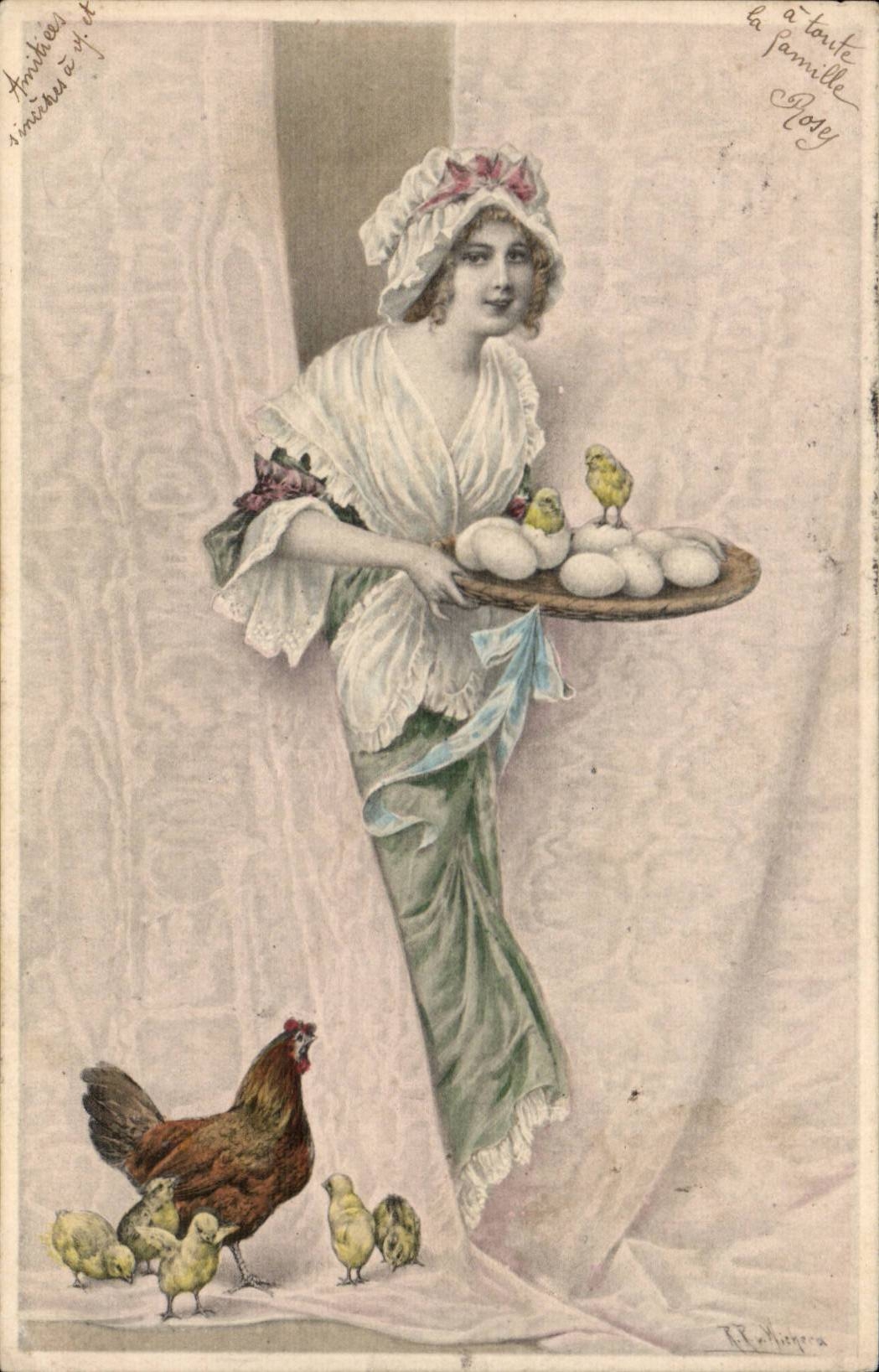 Jeune femme avec poules et œufs — Éditeur E. Villigera, n° 188