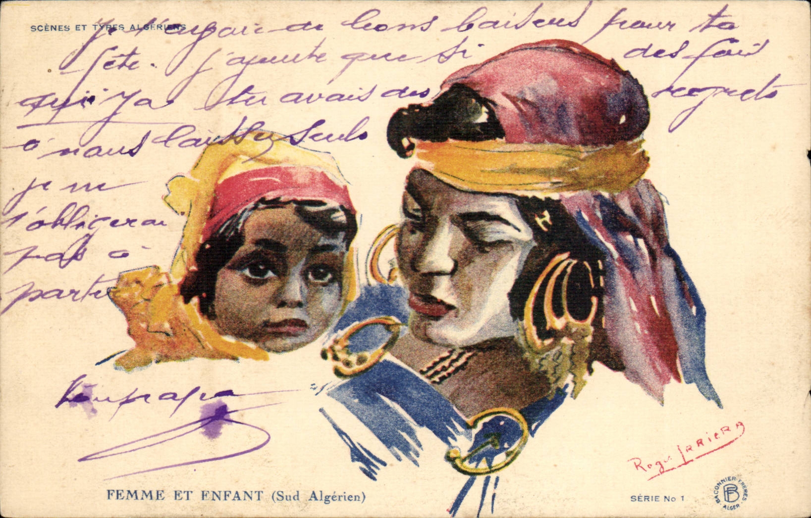 CPA Fantaisie Femme et enfant Illustrateur (sud algerien) (folklore costume coiffe)