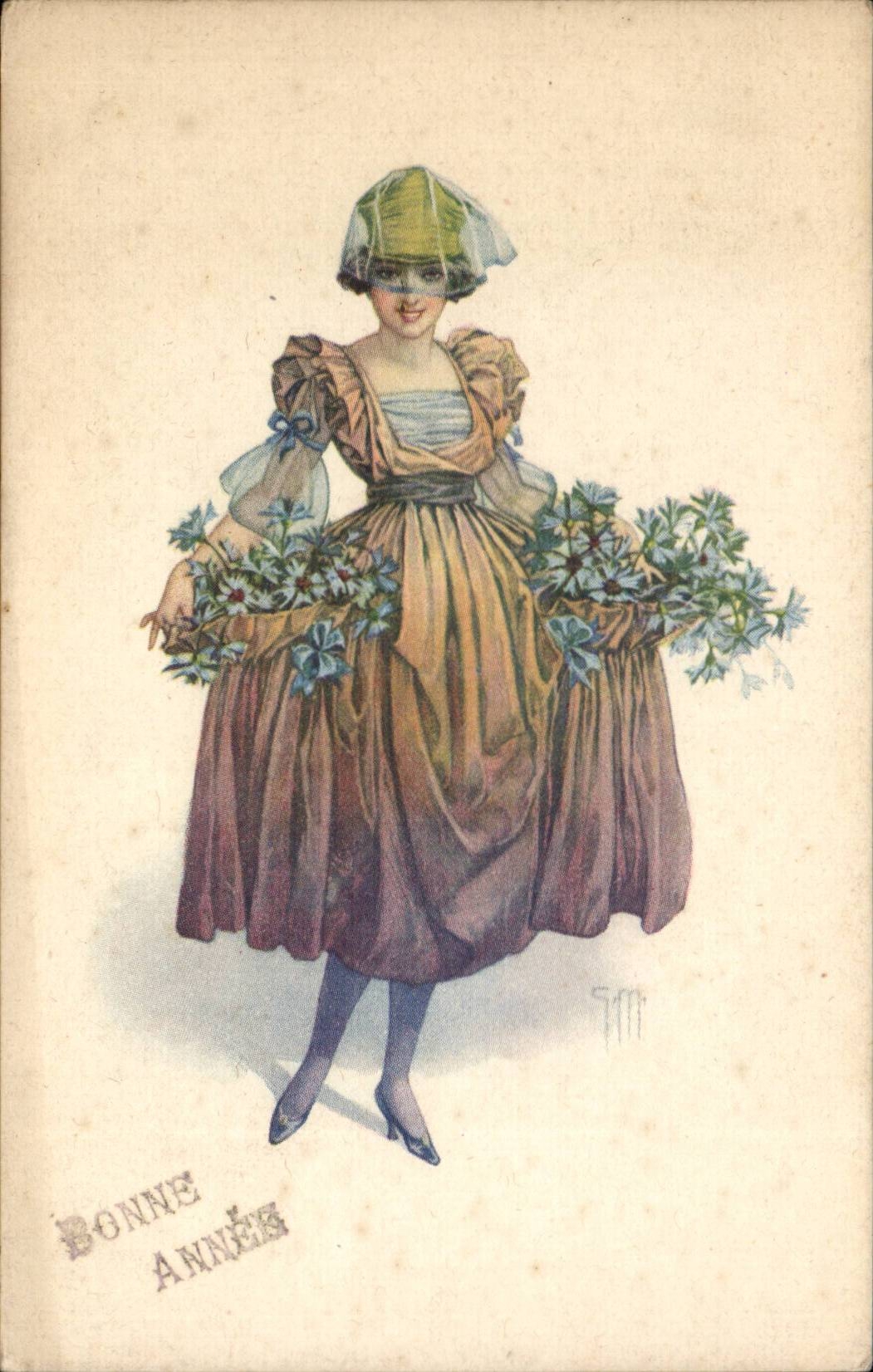 Femme en costume de paysanne — avec bouquet de fleurs — éditeur 'Produzione Italiana' n° 3-9-17