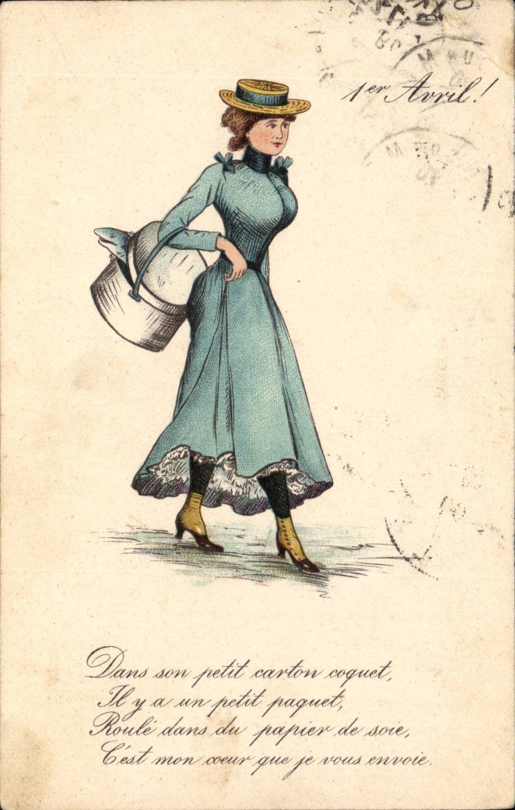 Mujer en vestido azul con una cubeta — tarjeta postal de Abril — editor no identificado