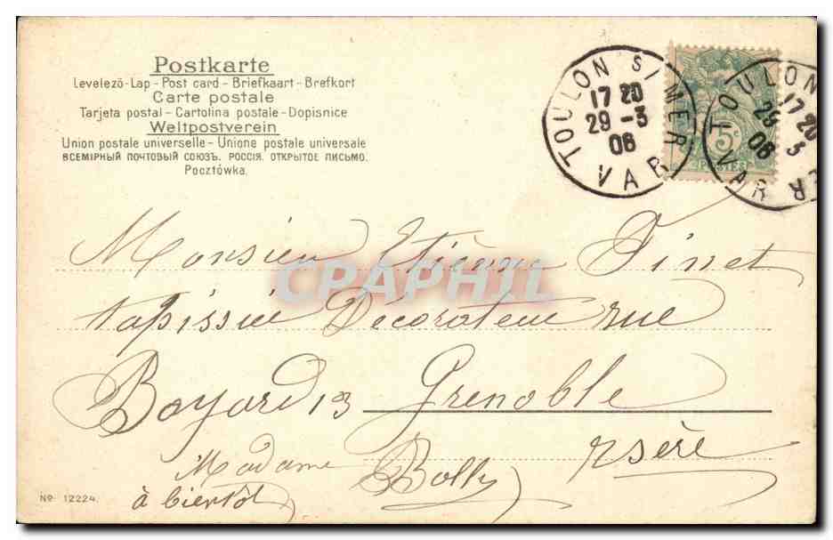 Mujer en vestido azul con una cubeta — tarjeta postal de Abril — editor no identificado — Reverso