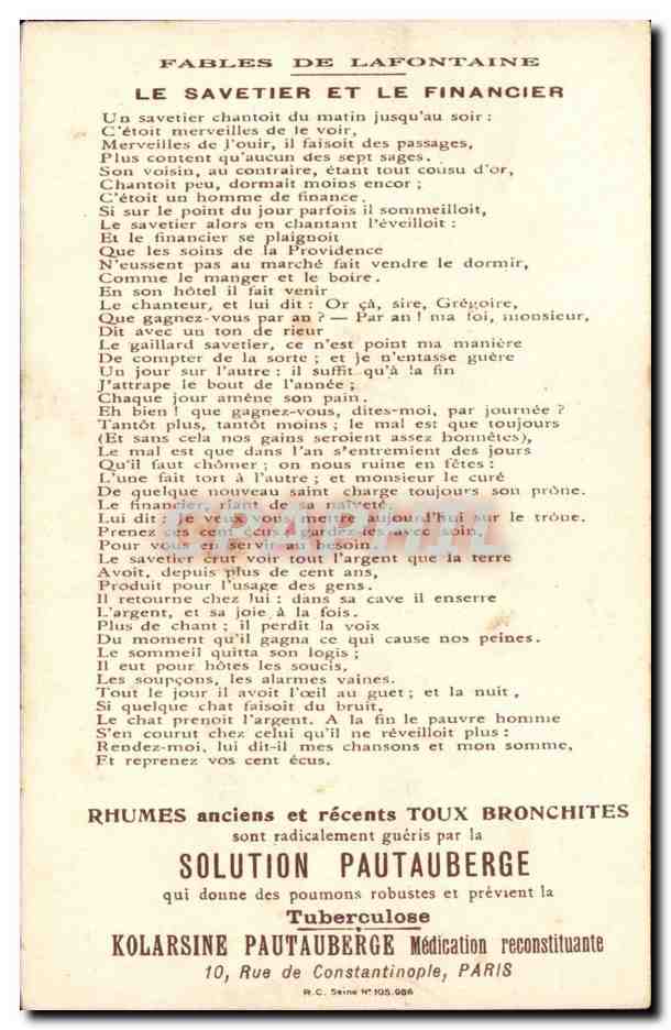 Fantaisie CPA Fables de la Fontaine Le savetier et le financier (banque banhk finance) d'apres Gustave Dore — Verso