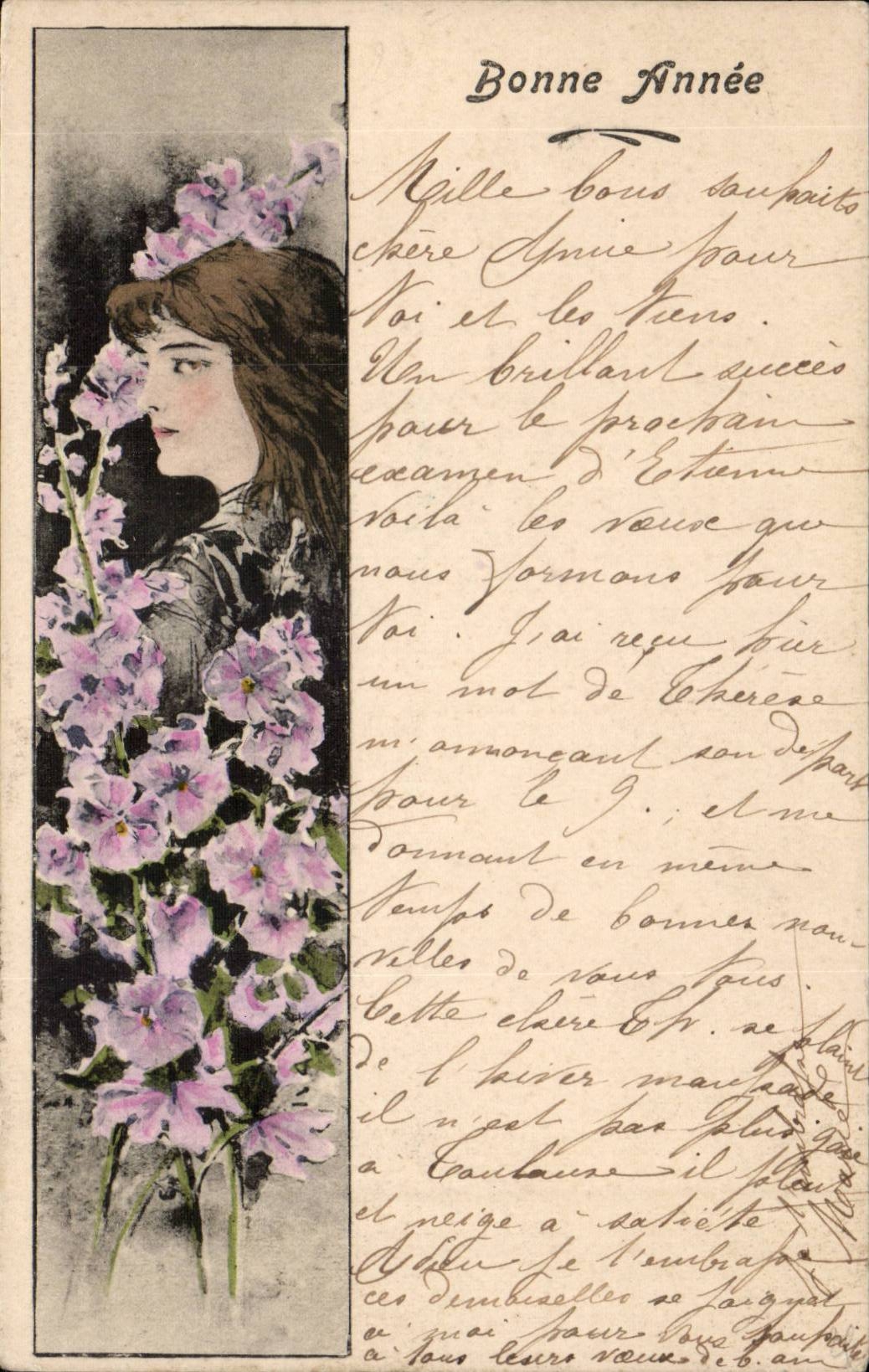 Donna con fiori — Buon Anno — Cartolina postale universale