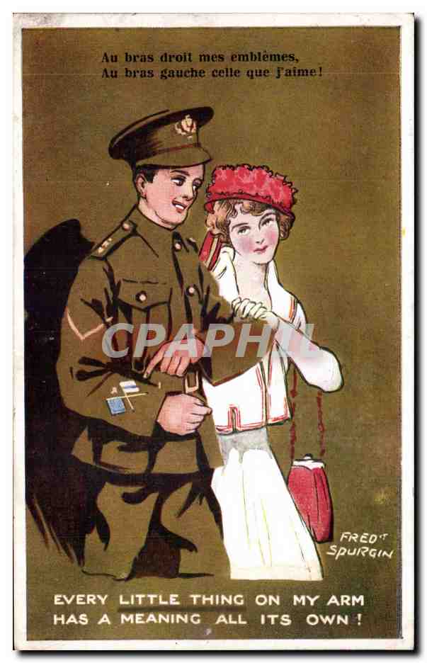 Soldat et femme — 'Au bras droit mes emblèmes, Au bras gauche celle que j'aime!' — Fred 't Spurgin, série 'Khaki' n°1057