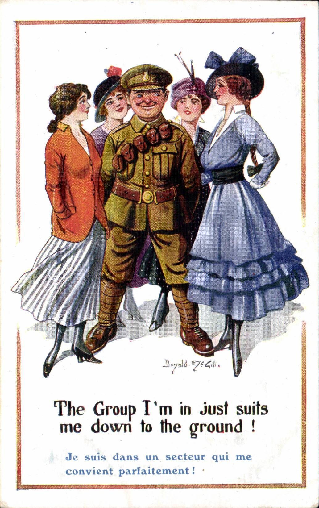Soldat entouré de femmes — Comique Series n°1545 — Inter-Art Co., Florence House, Barnes, Londres
