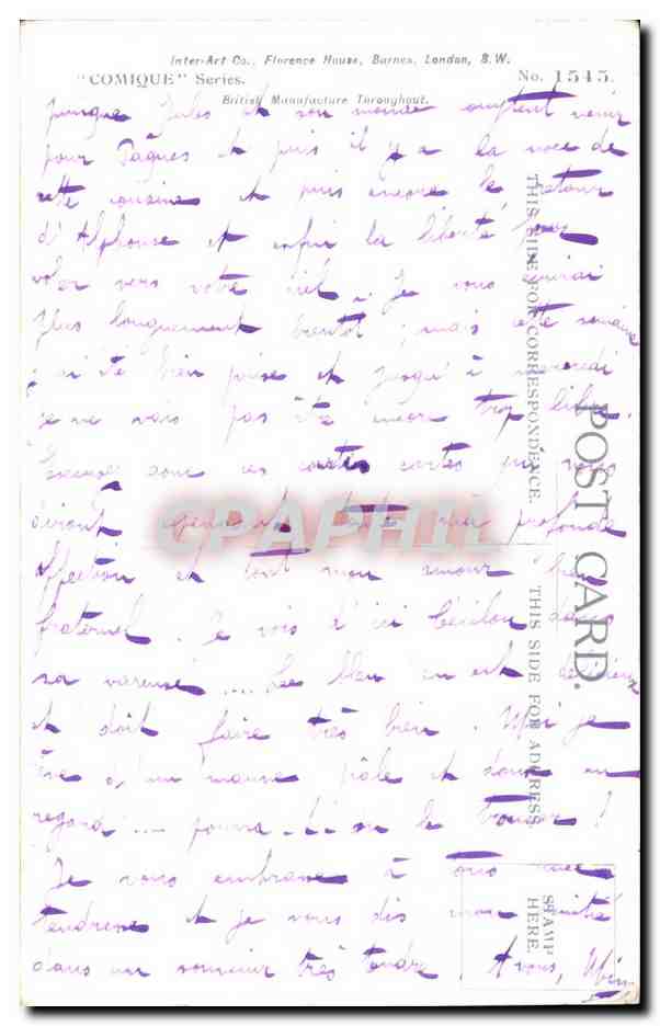 Soldat entouré de femmes — Comique Series n°1545 — Inter-Art Co., Florence House, Barnes, Londres — Verso