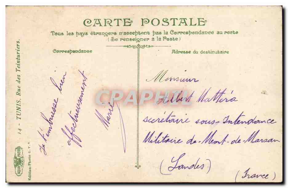 Tunisie Tunis CPA Rue des teinturiers — Verso