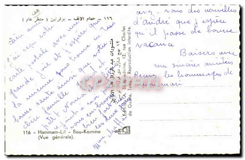 Tunisie CPM Hamman Lif Bou Kornine (vue generale) — Rückseite