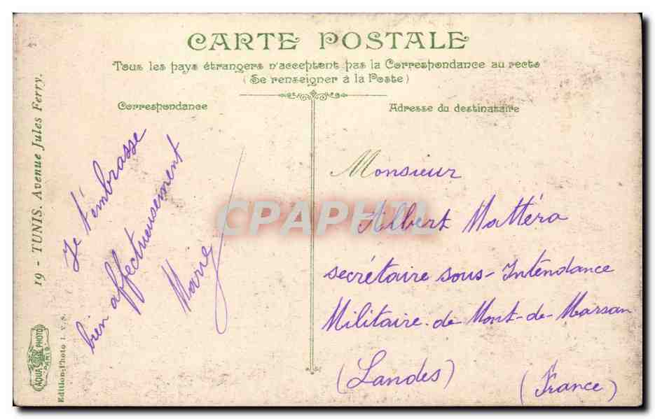 Tunisie Tunis CPA Avenue Jules Ferry (coiffeur francais) — Verso