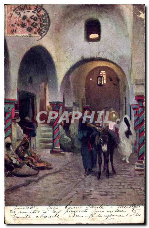 Tunisie CPA Tunis Rue avec un ane (donkey mule)