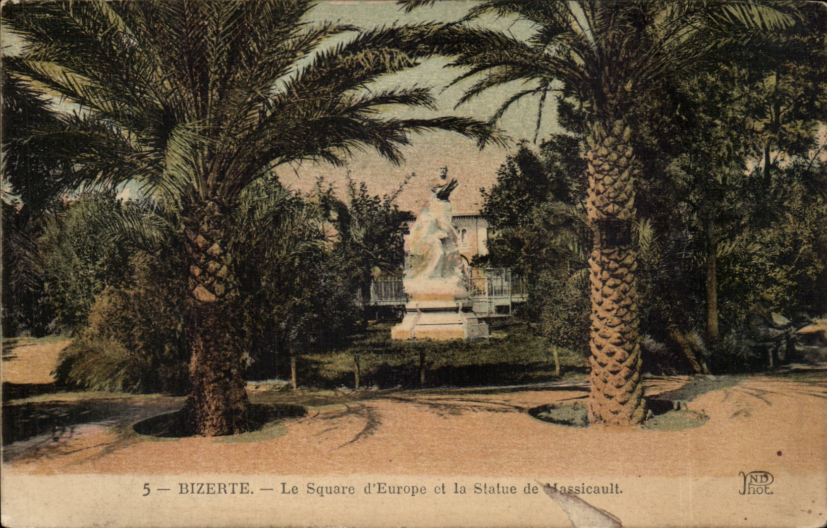 Tunisie CPA Le square d'Europe et la statue de Massicault (palmiers)
