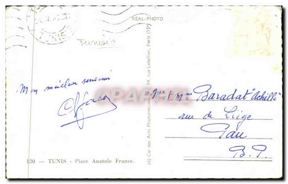 Tunisie CPA Tunis Place Anatole France — Rückseite
