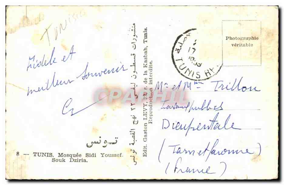 Tunisie CPA Tunis Mosquee Sidi Youssef Souk Dzira  — Rückseite