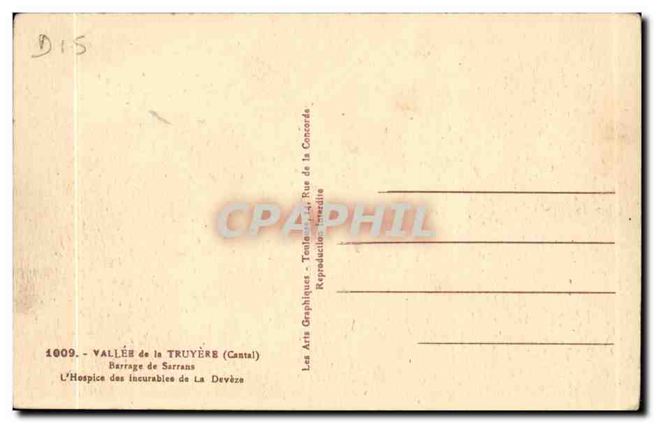 CPA Vallee de la Truyere Barrage de Sarrans L'hospice des incurables de la Devezze — Rückseite