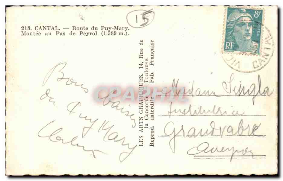CPA Cantal Route du Puy Mary Montee au pas de Peyrol — Rückseite