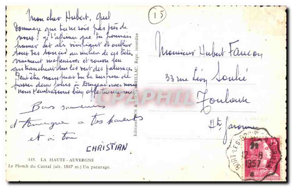 CPM Le plomb du CAntal 'alt 1887m) Un paturage (vaches) — Verso